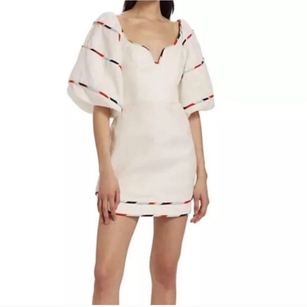 NWT! Farm Rio Linen Puffy Sleeve Colorful Stripe Mini Dress $250